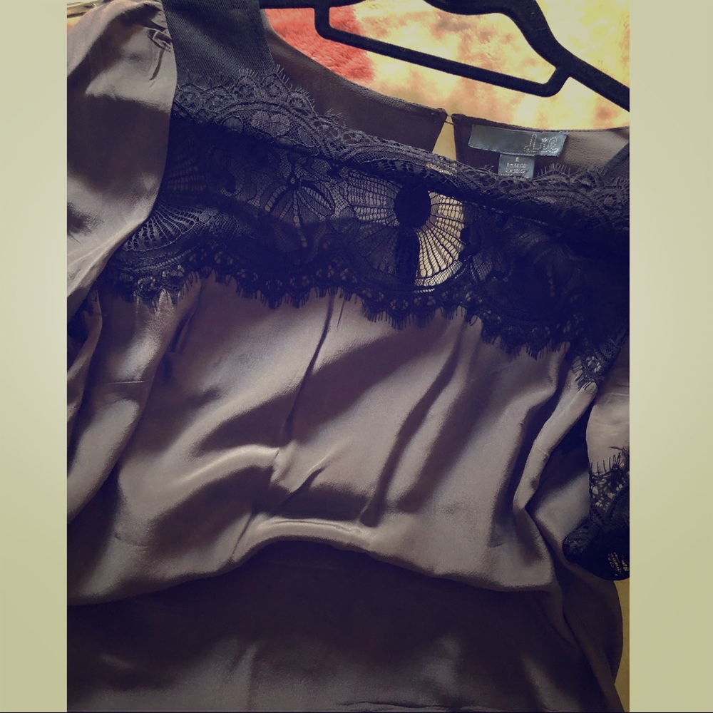 Anthropologie Gray silk dress w/ black lace detail